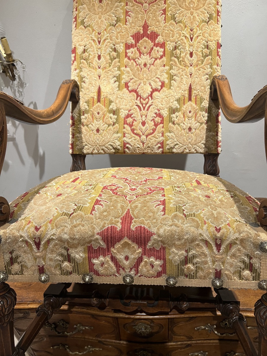 Pair Of Louis XIV Period Walnut Armchairs Upholstered In Floral Tapestry-photo-7