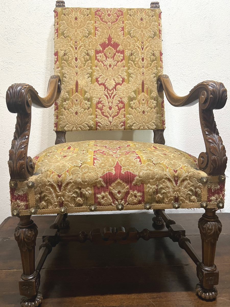 Pair Of Louis XIV Period Walnut Armchairs Upholstered In Floral Tapestry
