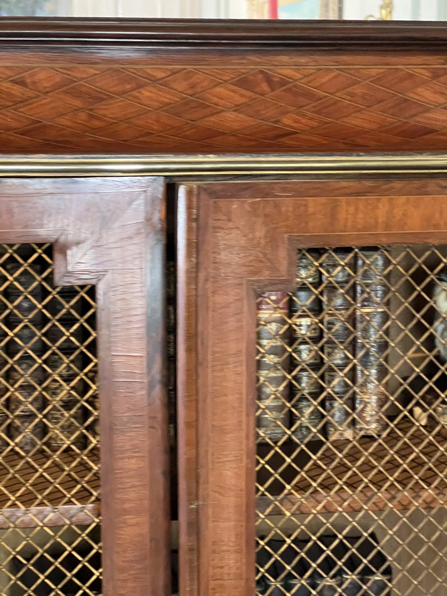 XIXth Century Precious Wooden Library With Two Woven Gilded Brass Doors-photo-3