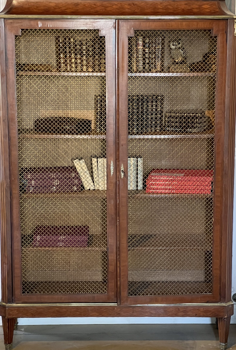 XIXth Century Precious Wooden Library With Two Woven Gilded Brass Doors-photo-6