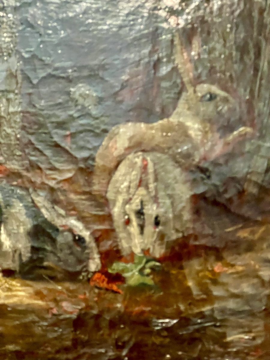 Painting   19 Th Century  Of Rabbits  Esting   In A  Farme  By Charles  Emile Jasque  -photo-4