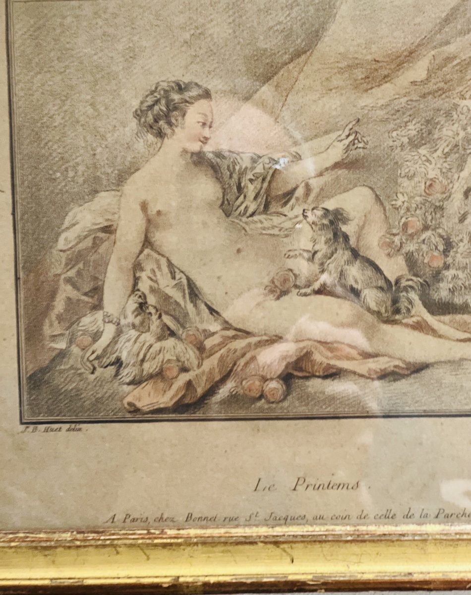 ESTAMPE  COLORIÉE   LE PRINTEMS      EPOQUE  XVIII ème   PAR JEAN-BAPTISTE   HUET 1745 -1811
