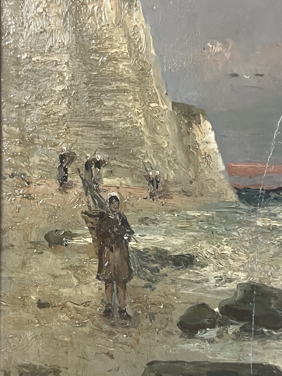 PEINTURE SUR BOIS    IMPRESSIONNISTE  XIX è     LES   FALAISES D'ETRETAT   SIGNATURE -photo-3