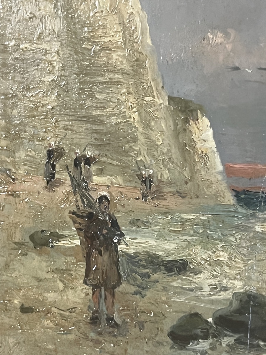 PEINTURE SUR BOIS    IMPRESSIONNISTE  XIX è     LES   FALAISES D'ETRETAT   SIGNATURE -photo-4
