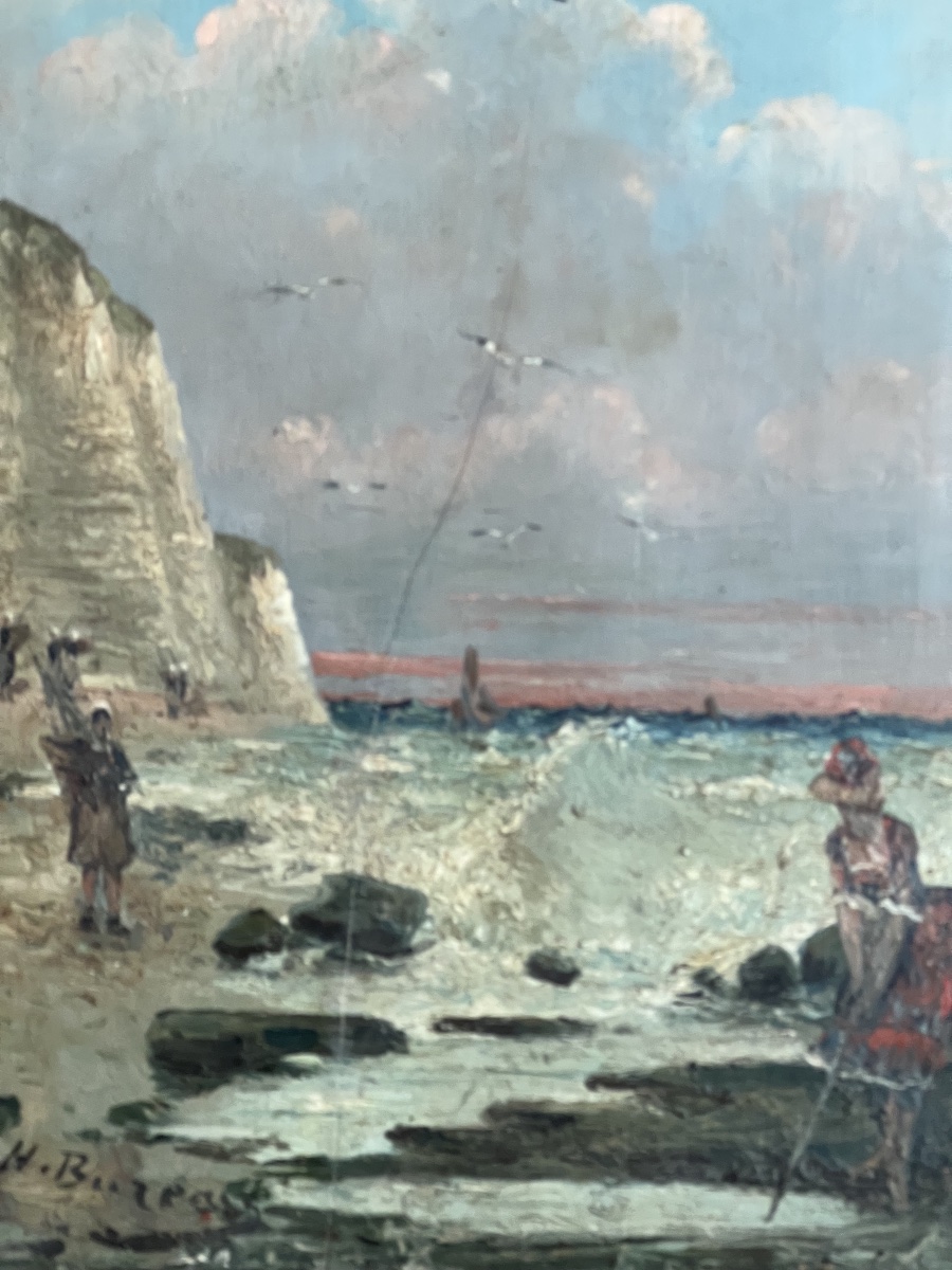 PEINTURE SUR BOIS    IMPRESSIONNISTE  XIX è     LES   FALAISES D'ETRETAT   SIGNATURE -photo-1
