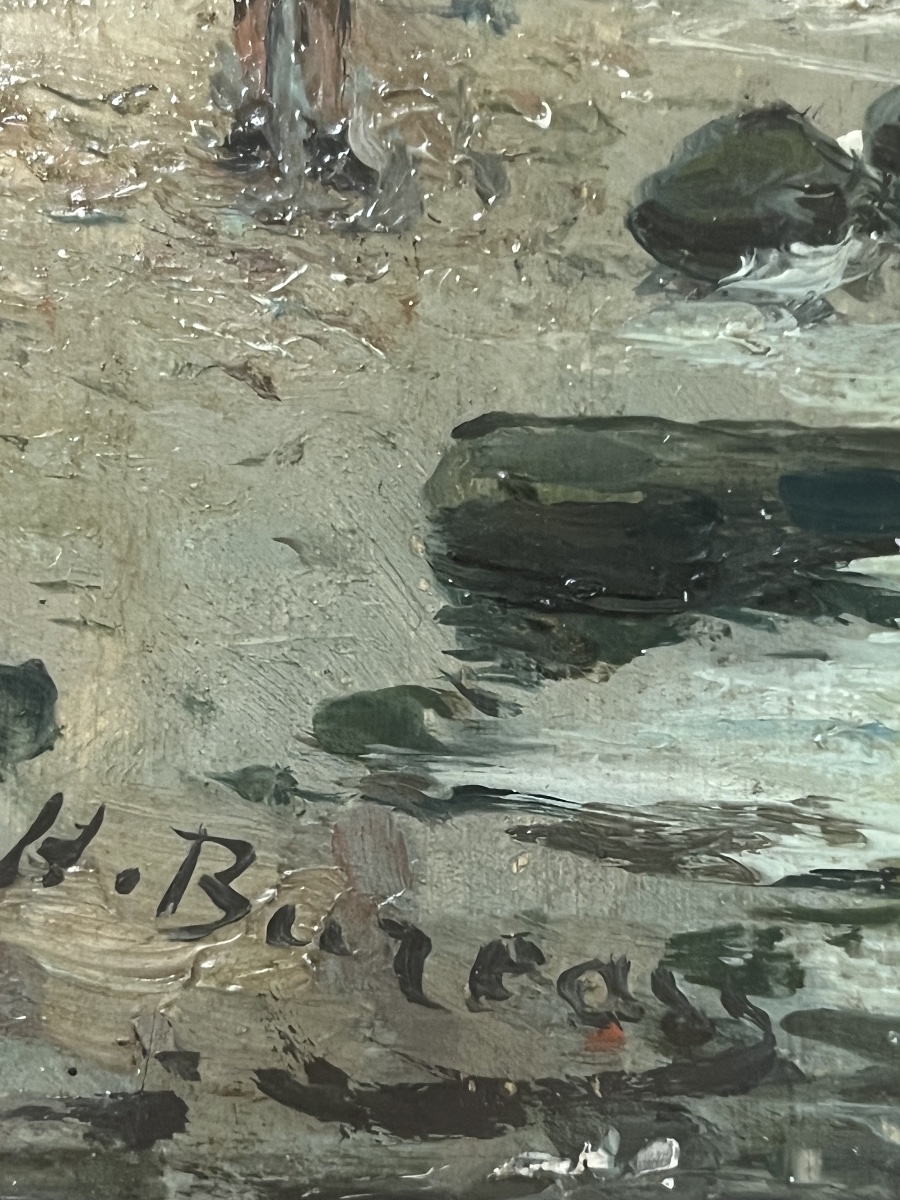 PEINTURE SUR BOIS    IMPRESSIONNISTE  XIX è     LES   FALAISES D'ETRETAT   SIGNATURE -photo-7