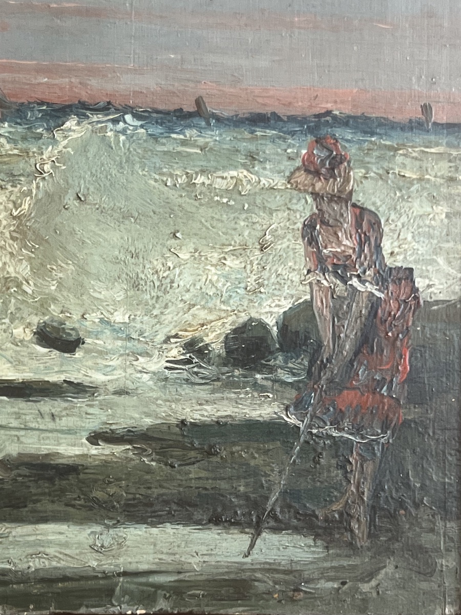 PEINTURE SUR BOIS    IMPRESSIONNISTE  XIX è     LES   FALAISES D'ETRETAT   SIGNATURE -photo-8