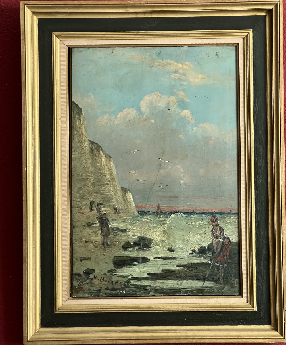 PEINTURE SUR BOIS    IMPRESSIONNISTE  XIX è     LES   FALAISES D'ETRETAT   SIGNATURE 