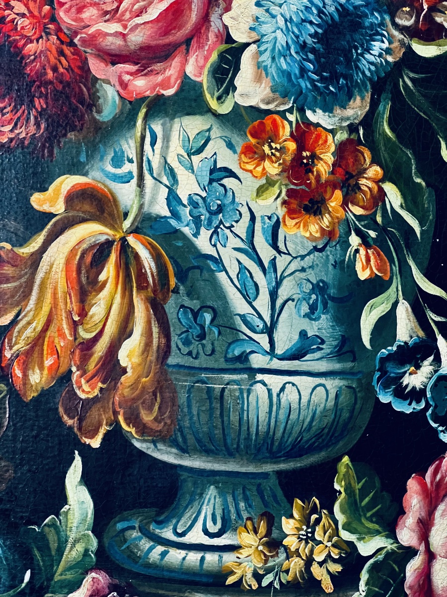  Painting  Hst Bouquet Of Flowers In A Vase  20th Century  In The Style Of  The Dutch School -photo-3