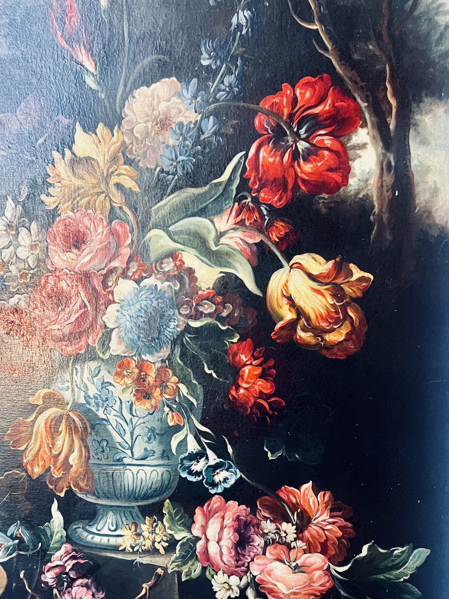  Painting  Hst Bouquet Of Flowers In A Vase  20th Century  In The Style Of  The Dutch School -photo-1