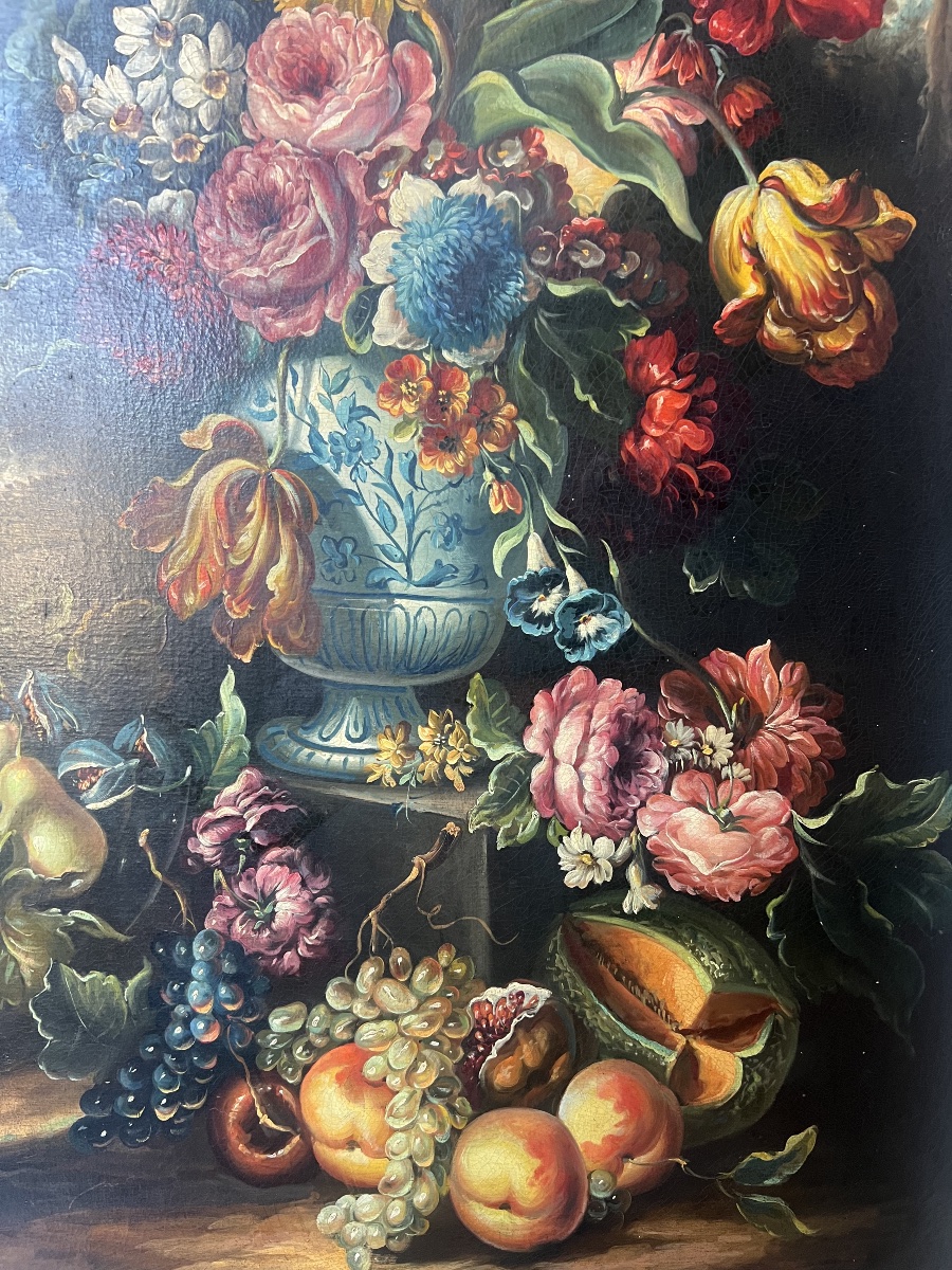  Painting  Hst Bouquet Of Flowers In A Vase  20th Century  In The Style Of  The Dutch School -photo-3