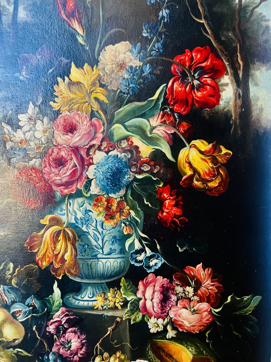  Painting  Hst Bouquet Of Flowers In A Vase  20th Century  In The Style Of  The Dutch School -photo-4
