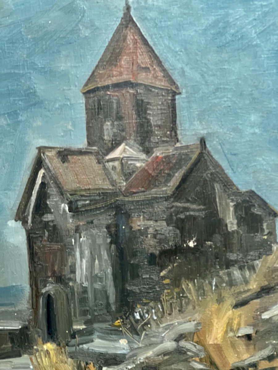  Impressionist Painting Of A Church In Armenia, 1988, During The Soviet Era, Signed -photo-3