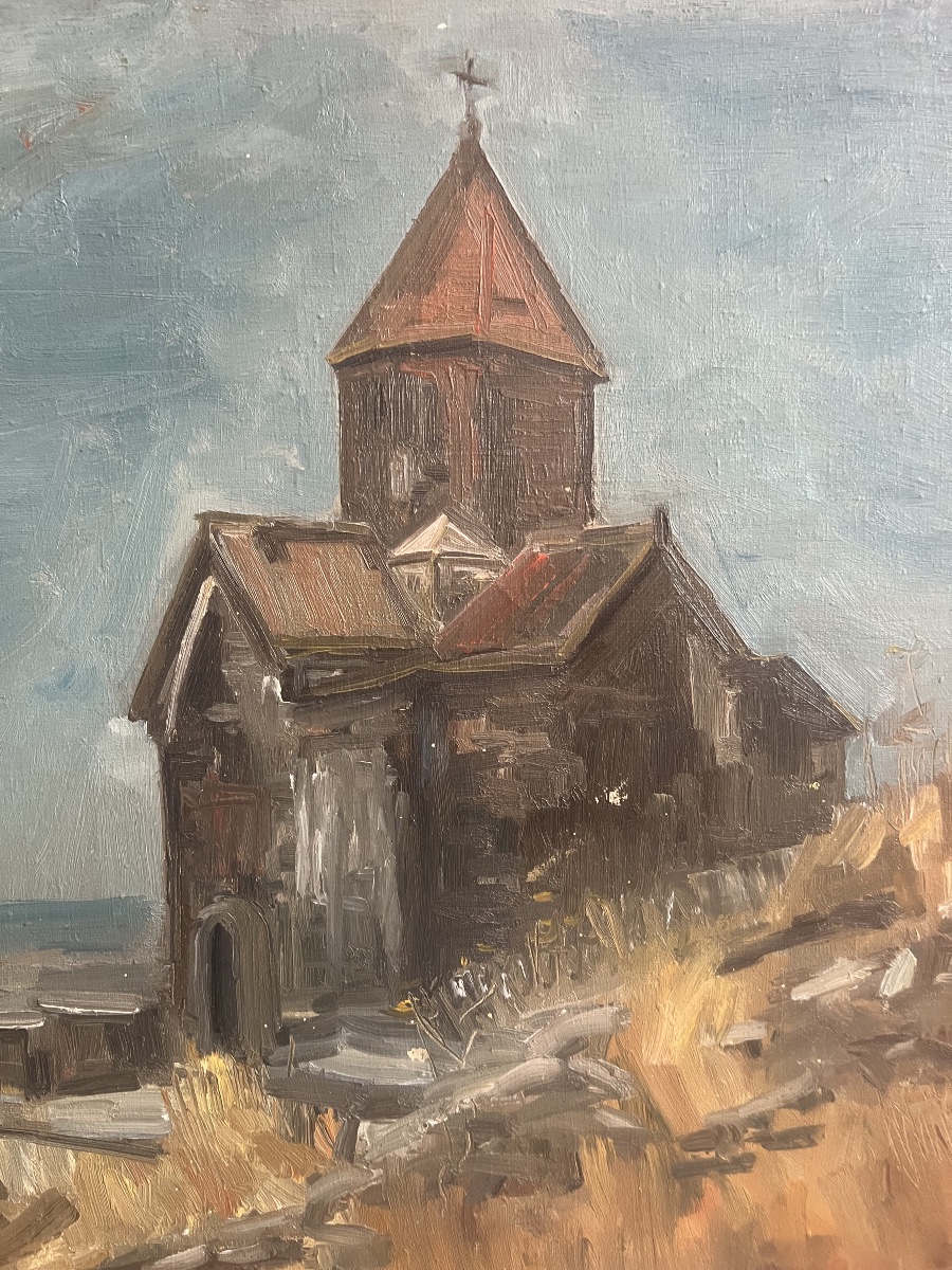  Impressionist Painting Of A Church In Armenia, 1988, During The Soviet Era, Signed -photo-4
