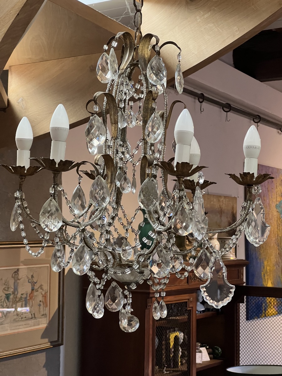 Antique Six-light Crystal Chandelier With Pendants, Mounted On Bronze, Louis XV Style-photo-2