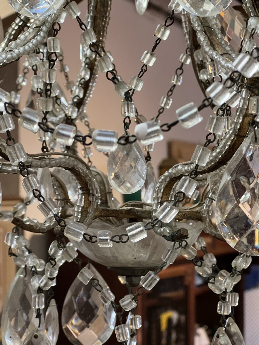 Antique Six-light Crystal Chandelier With Pendants, Mounted On Bronze, Louis XV Style-photo-4