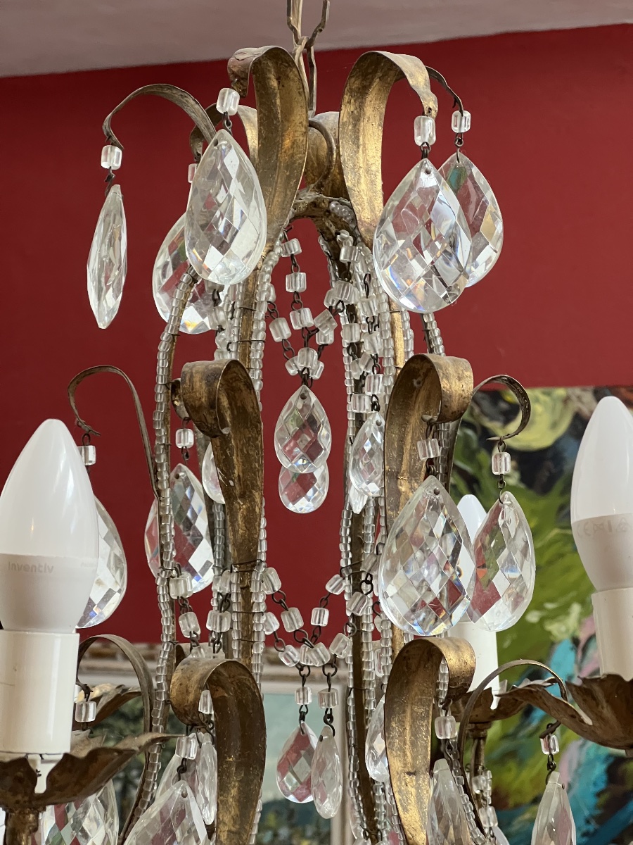 Antique Six-light Crystal Chandelier With Pendants, Mounted On Bronze, Louis XV Style-photo-2