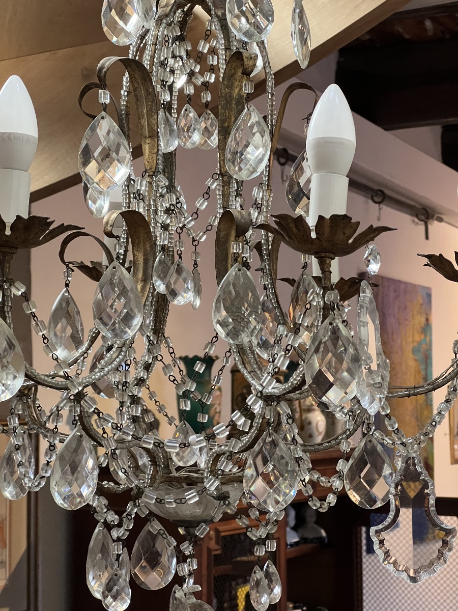 Antique Six-light Crystal Chandelier With Pendants, Mounted On Bronze, Louis XV Style-photo-4