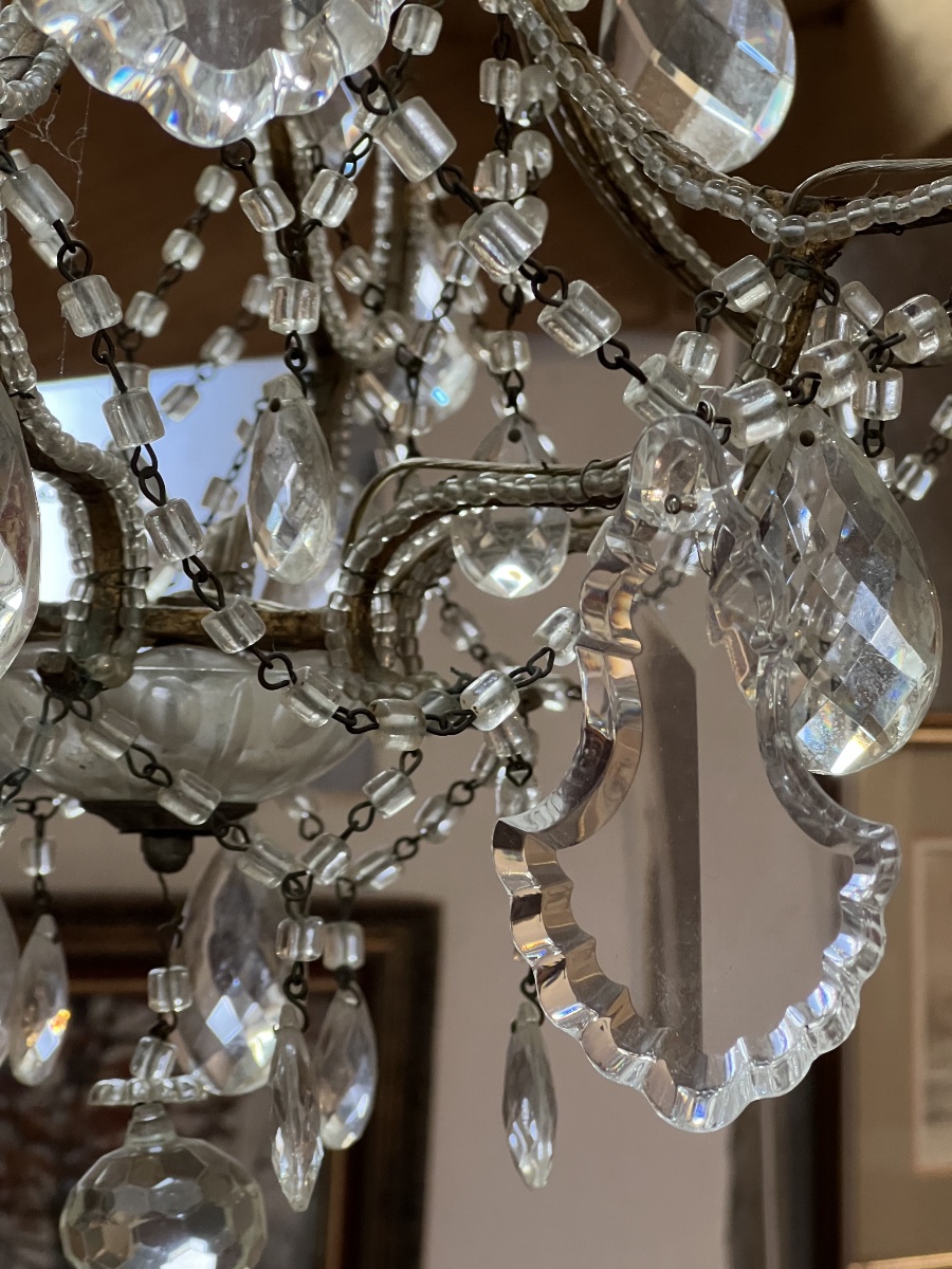 Antique Six-light Crystal Chandelier With Pendants, Mounted On Bronze, Louis XV Style-photo-8