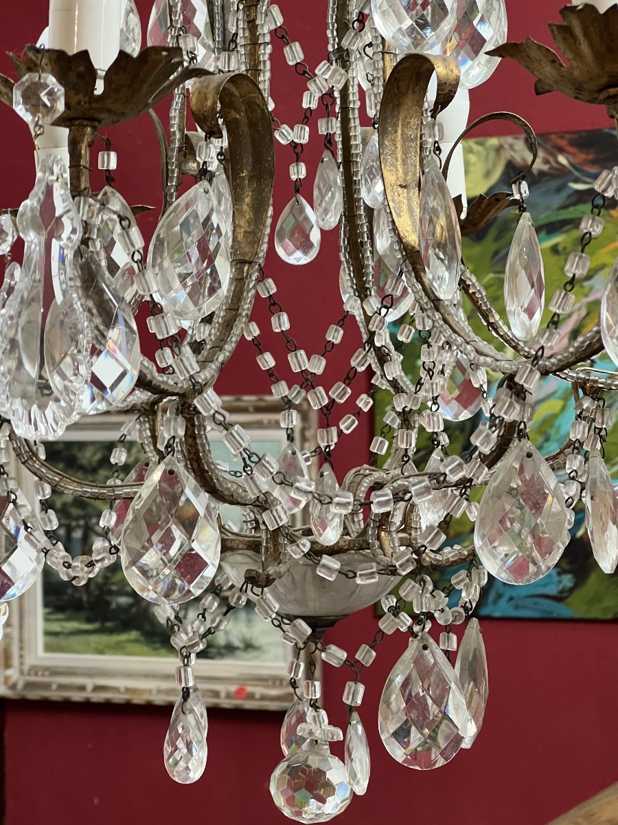 Antique Six-light Crystal Chandelier With Pendants, Mounted On Bronze, Louis XV Style