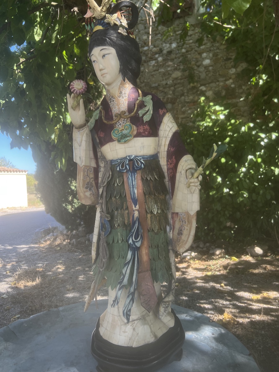  Large 19th-century Chinese Sculpture In Ivory And Polychrome Bone-photo-3