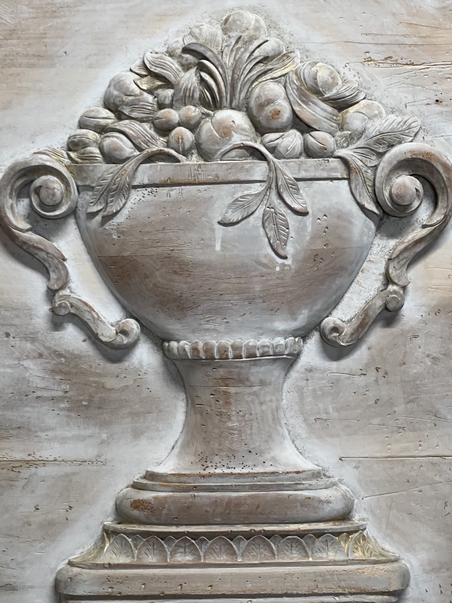 SCULPTURE DÉCORATIVE   DES QUATRE SAISONS  SUR  PANNEAU EN  BOIS   L'ÉTÉ  AVEC  SES  FRUITS 