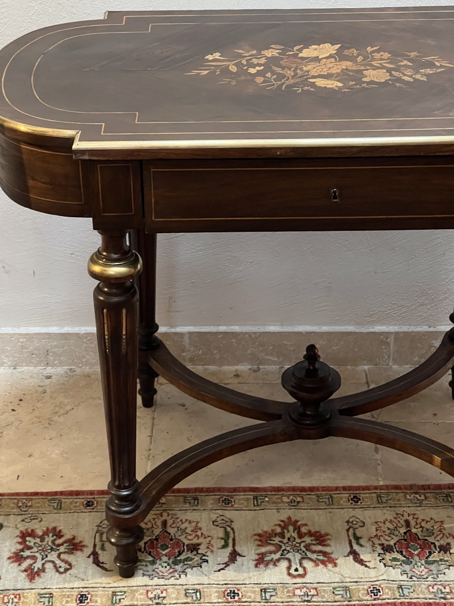 Mahogany And Veneer  Table With Inlay And One Drawer    Late 19th Century-photo-3