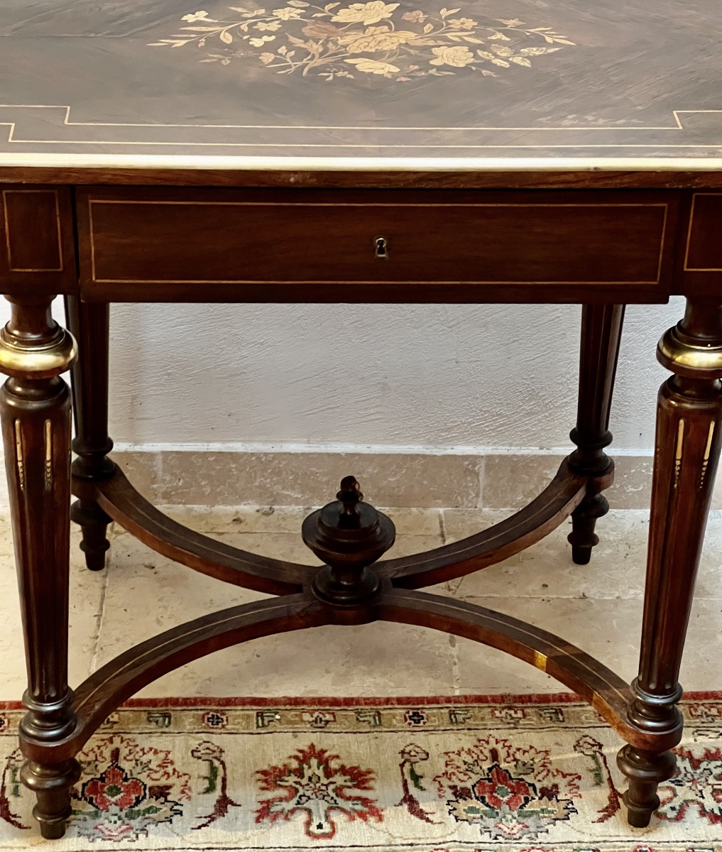 Mahogany And Veneer  Table With Inlay And One Drawer    Late 19th Century-photo-4