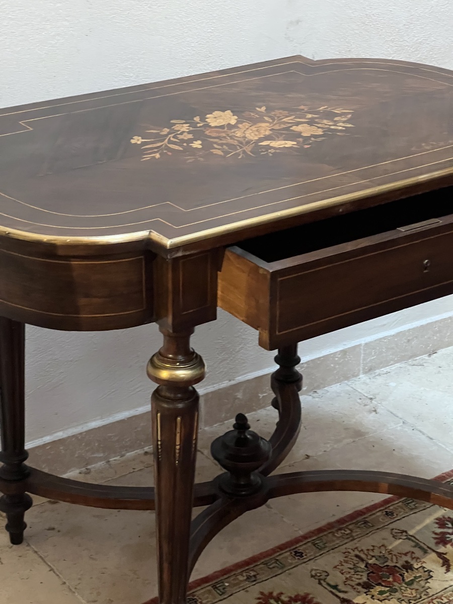 Mahogany And Veneer  Table With Inlay And One Drawer    Late 19th Century-photo-5