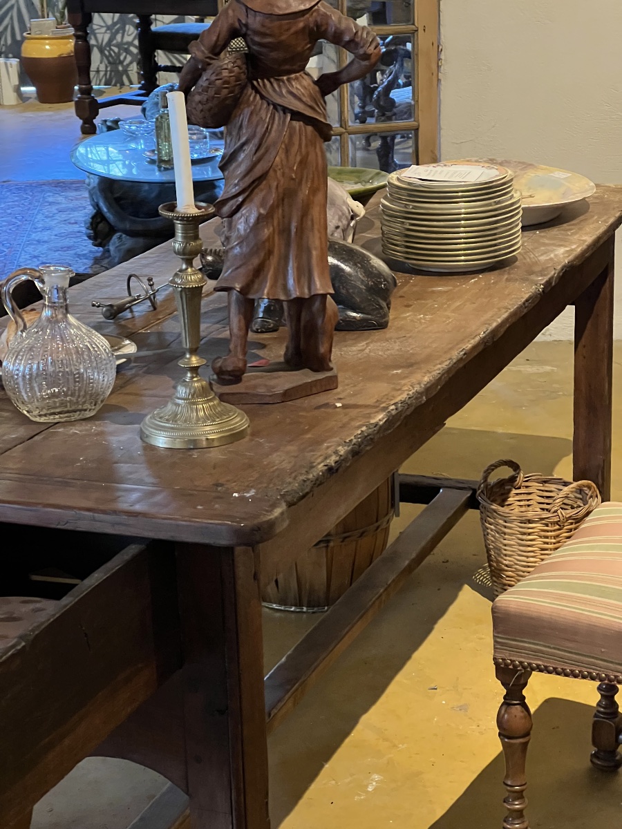 TABLE  ANCIENNE  EN CHATAIGNIER   DE PRÉPARATION     EN CUISINE  À DEUX   GRANDS  TIROIRS-photo-2