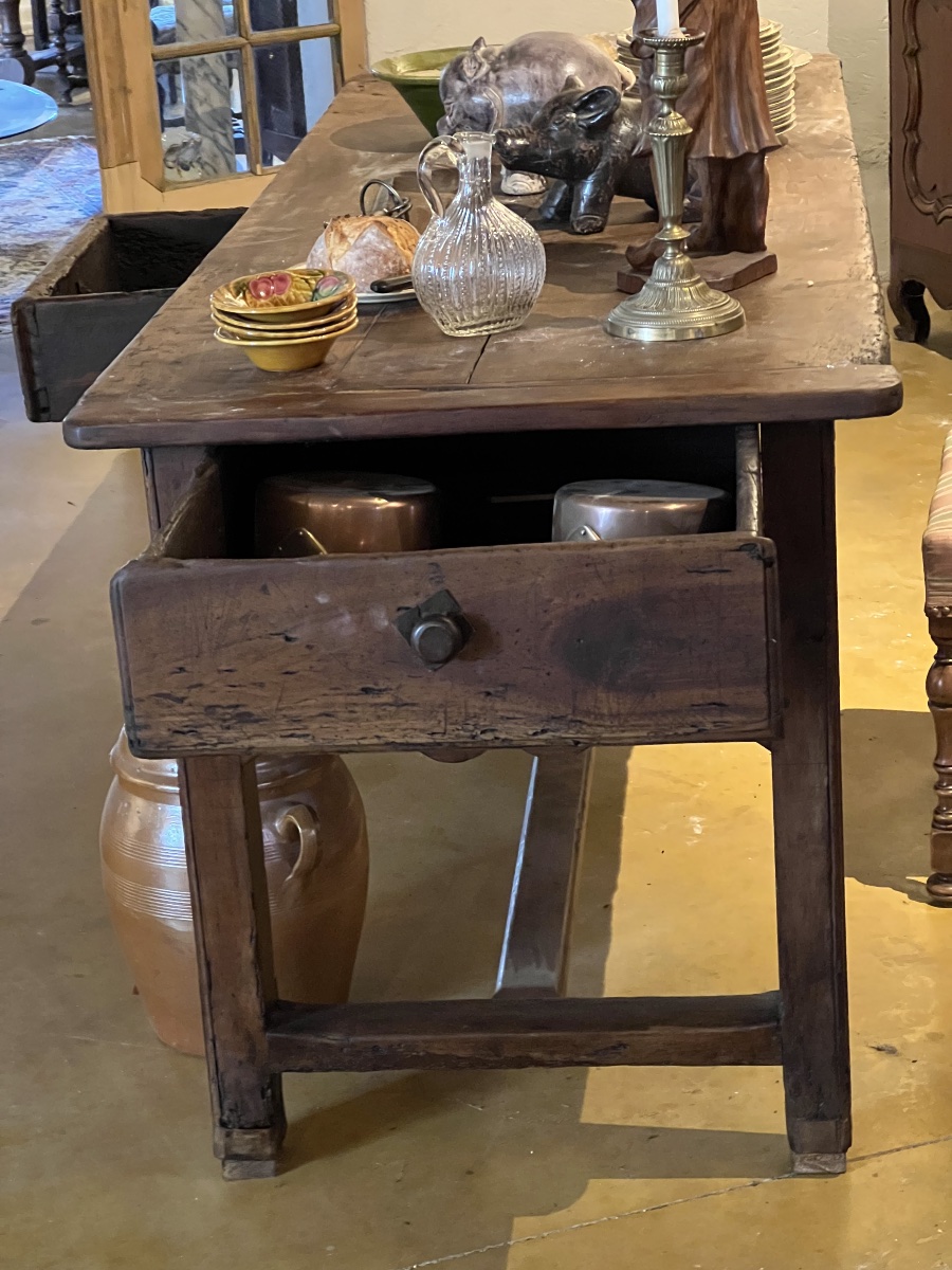 TABLE  ANCIENNE  EN CHATAIGNIER   DE PRÉPARATION     EN CUISINE  À DEUX   GRANDS  TIROIRS-photo-4