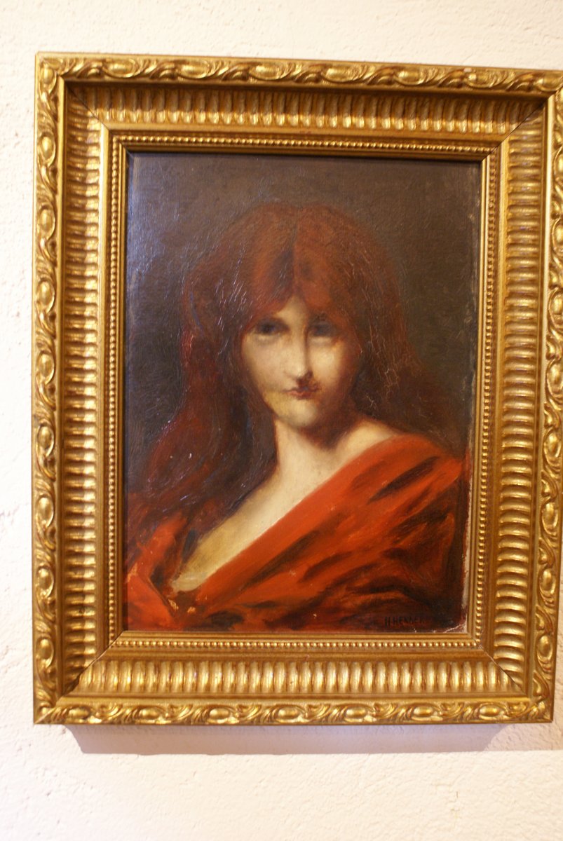 Jean- Jacques  Henner  1829 -1905 Portrait Of A Red Hair  Model   Signed  On  Cardboard  Panel 13 X 10 Inches-photo-2