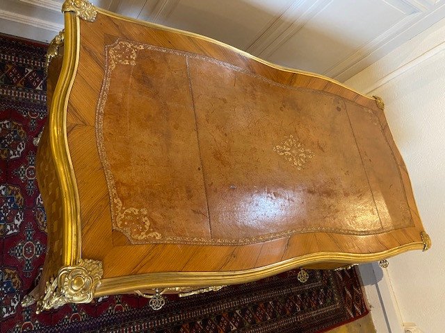 Late 19 Th   Louis XV Style Desk In Rosewood Havana Leather Top-photo-8