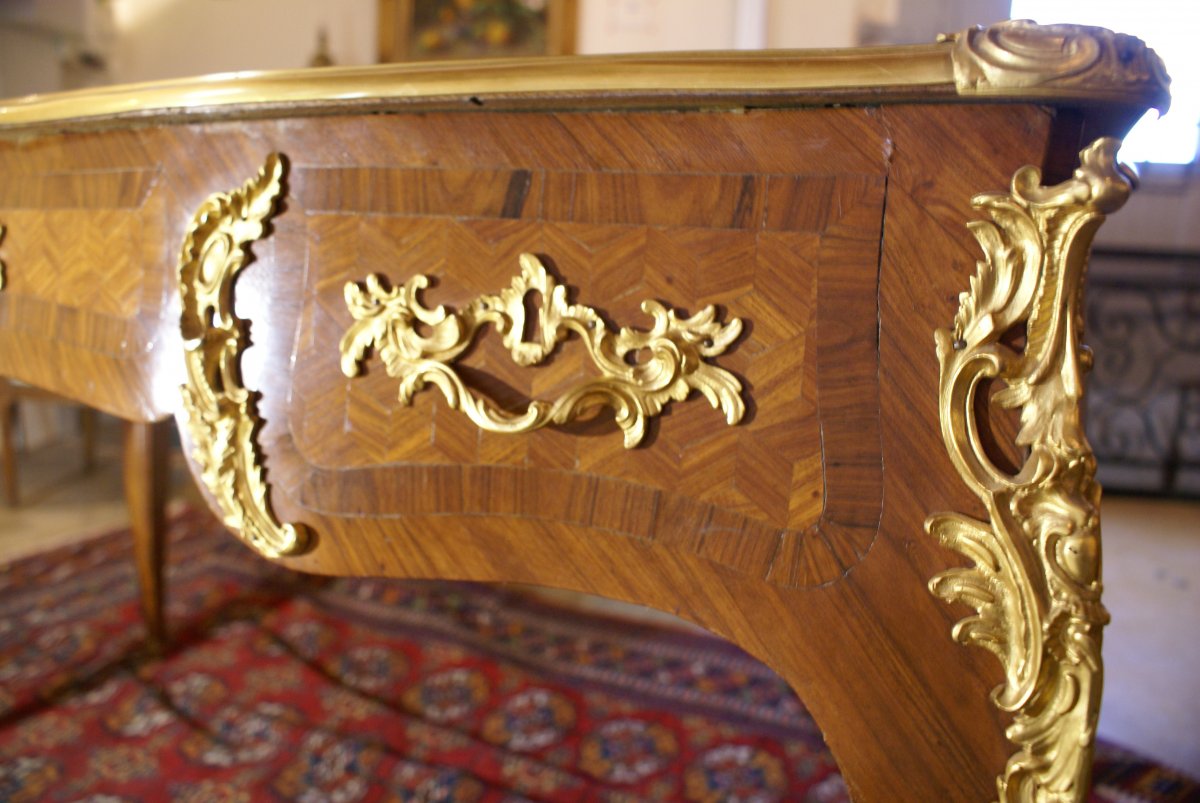 Late 19 Th   Louis XV Style Desk In Rosewood Havana Leather Top-photo-2