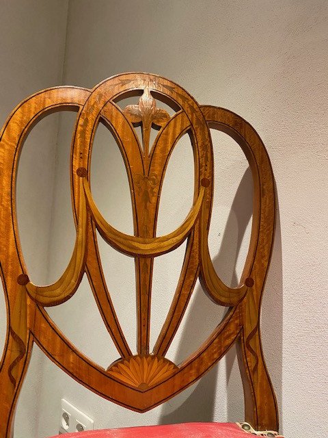 Six English  Chairs  Medaillon Hepplewhite Style In  Satinwood -photo-3