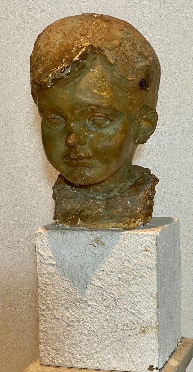 Sculpture   Sur Base   De La TÊte d'Un Enfant   En  Platre   Patiné 
