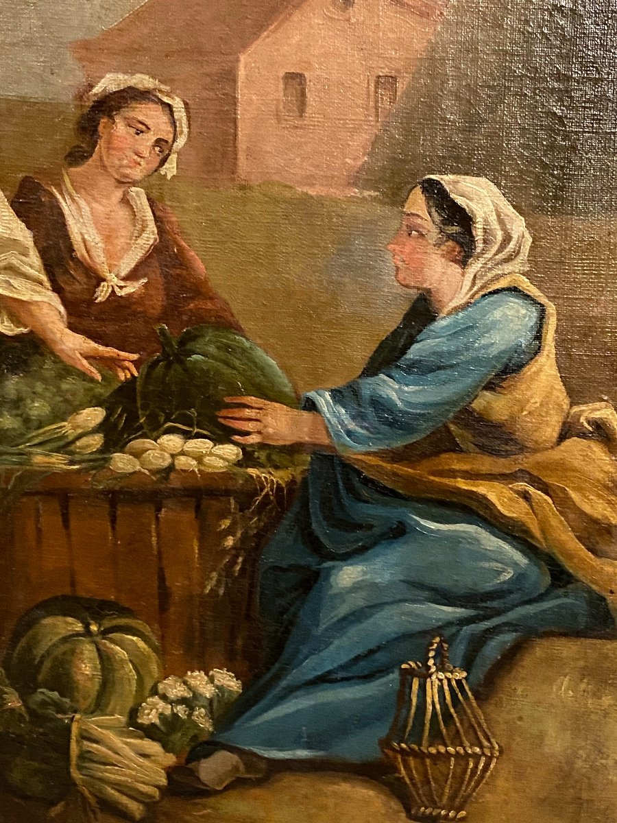 Paysannes   au Marché  Tableau   Du    18 eme     93  X 84  Cm-photo-3