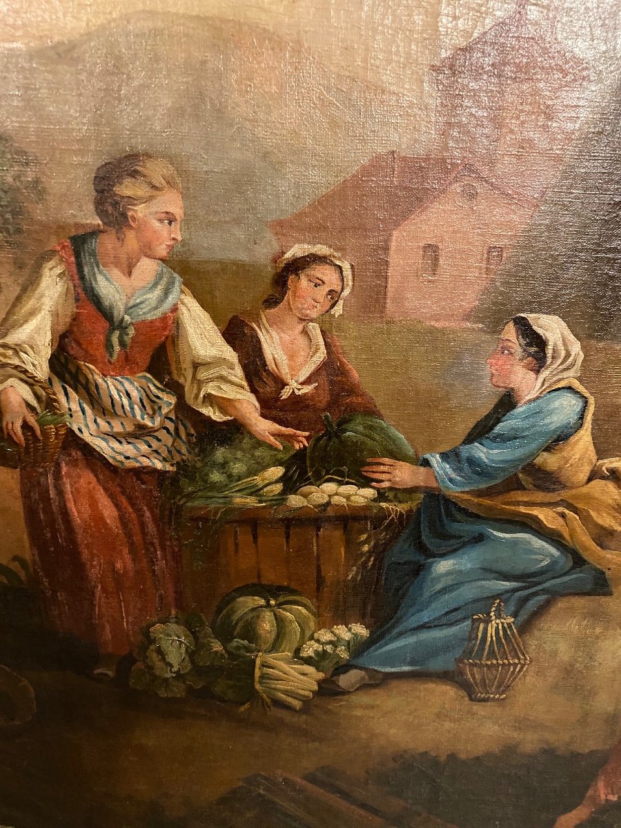 Paysannes   au Marché  Tableau   Du    18 eme     93  X 84  Cm