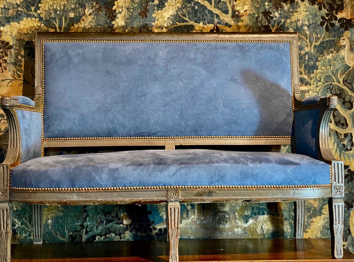Period Consulate Sofa Dark Green Patina Covered In Royal Blue Velvet-photo-2