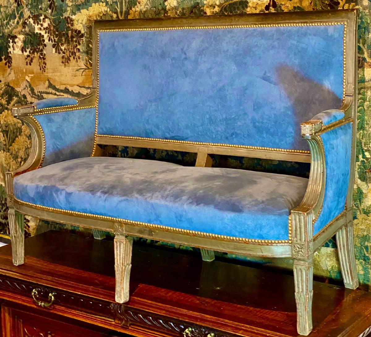 Period Consulate Sofa Dark Green Patina Covered In Royal Blue Velvet