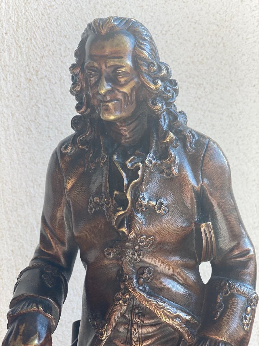 Bronze Bronze Sculpture Nuanced   Of  Voltaire   19 Th Century-photo-3