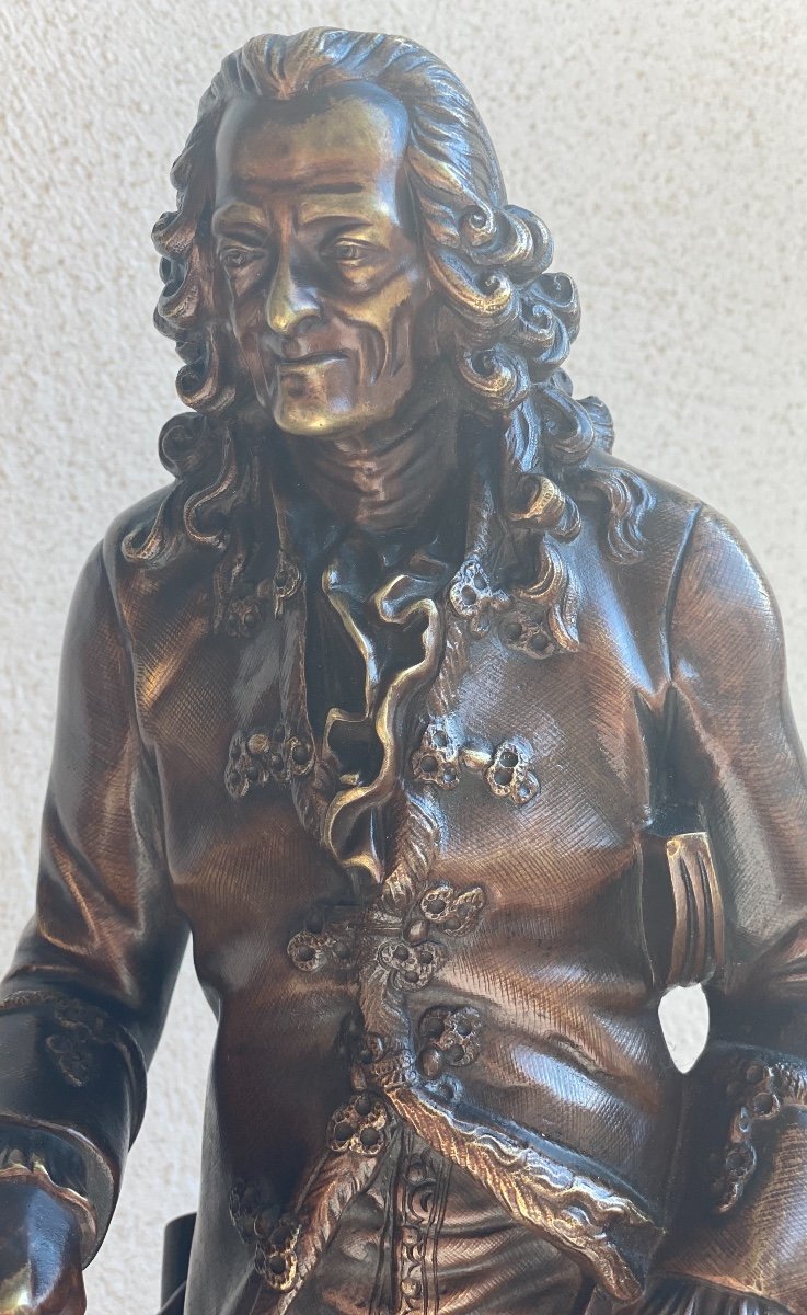 Bronze Bronze Sculpture Nuanced   Of  Voltaire   19 Th Century-photo-2