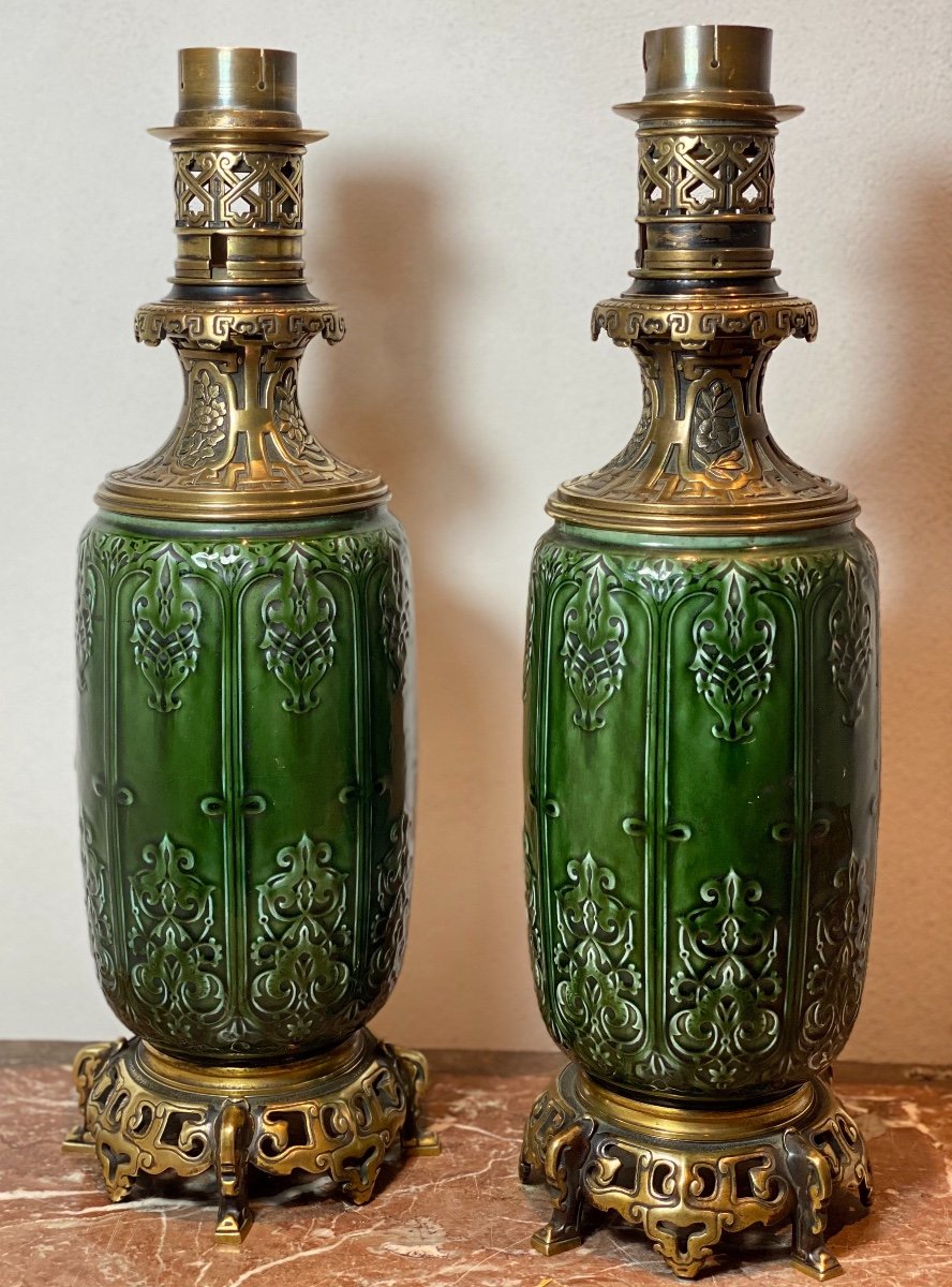 2 Oil Lamps From Theodore Deck Mounted Shaded Bronzes Chinese Style 50 Cm-photo-6