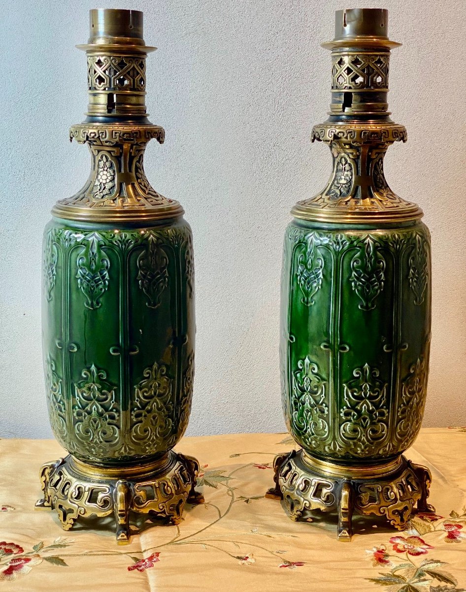 2 Oil Lamps From Theodore Deck Mounted Shaded Bronzes Chinese Style 50 Cm-photo-8