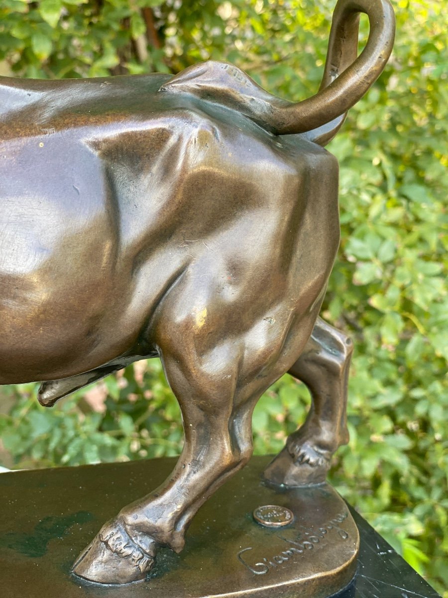 Bronze Sculpture Mordoré Bull Signed Giambologna Bronze Stamp From Paris Guaranteed-photo-3