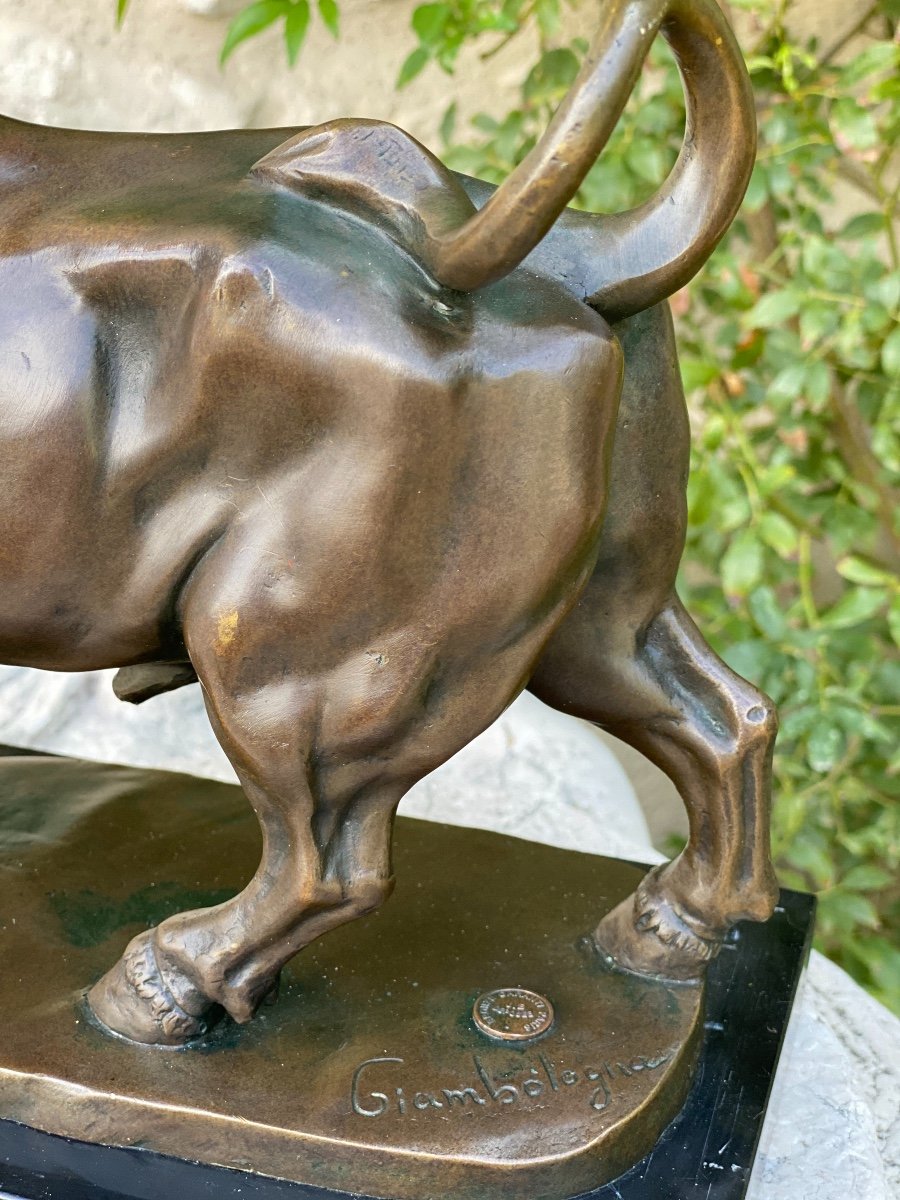 Bronze Sculpture Mordoré Bull Signed Giambologna Bronze Stamp From Paris Guaranteed-photo-4