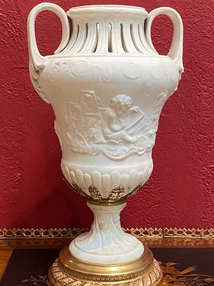 Bisque De Sevres Porcelain Vase On Foot Orche In Bronze 19th