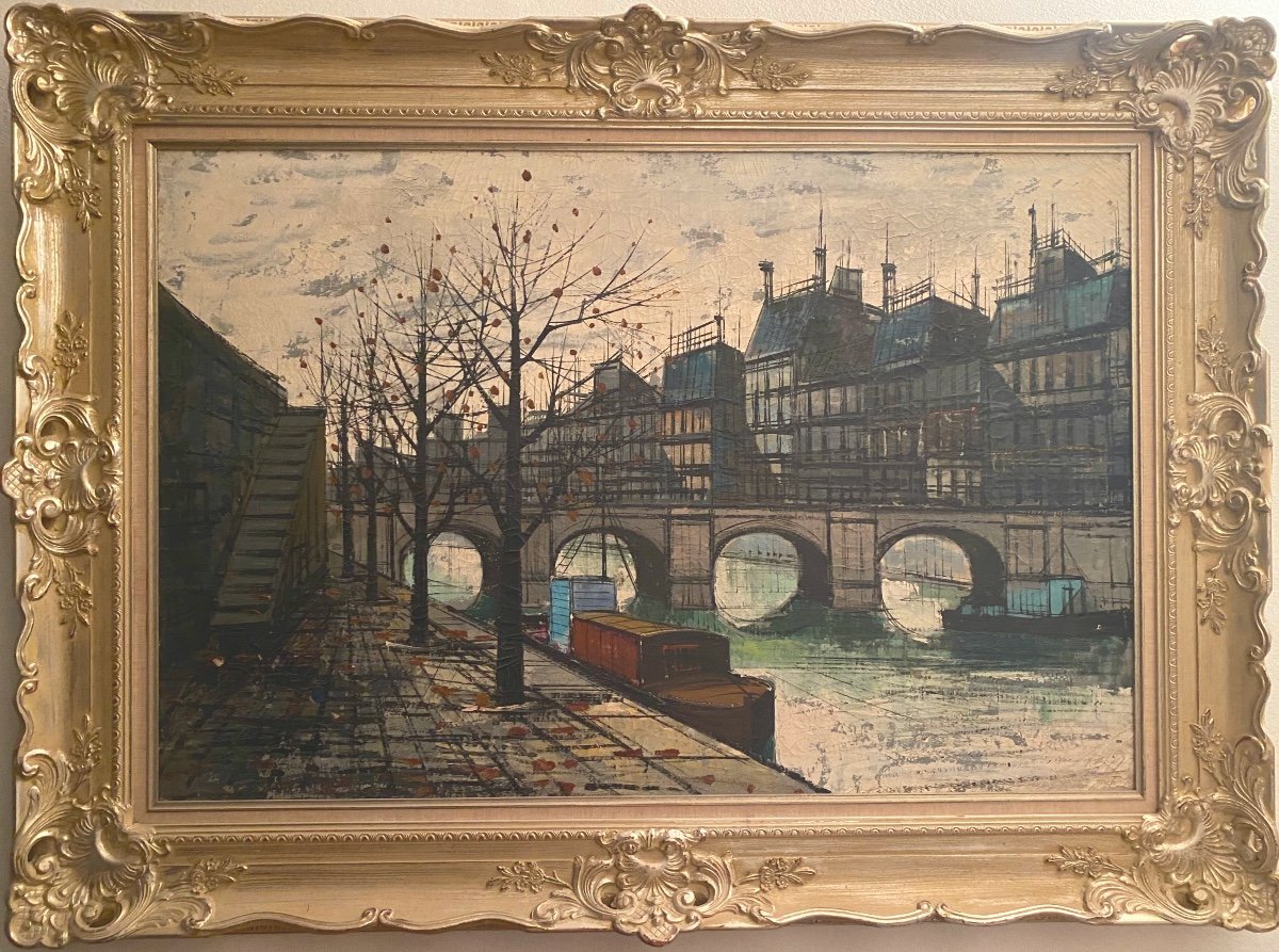   Grande   Peinture De l' Île  St  Louis  À Paris   attribué  à  Bernard   Buffet    Trace  De Signature-photo-2