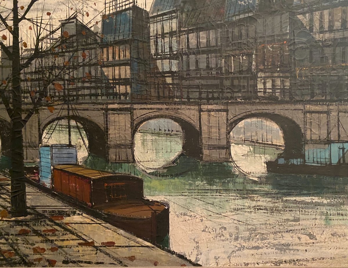   Grande   Peinture De l' Île  St  Louis  À Paris   attribué  à  Bernard   Buffet    Trace  De Signature-photo-4