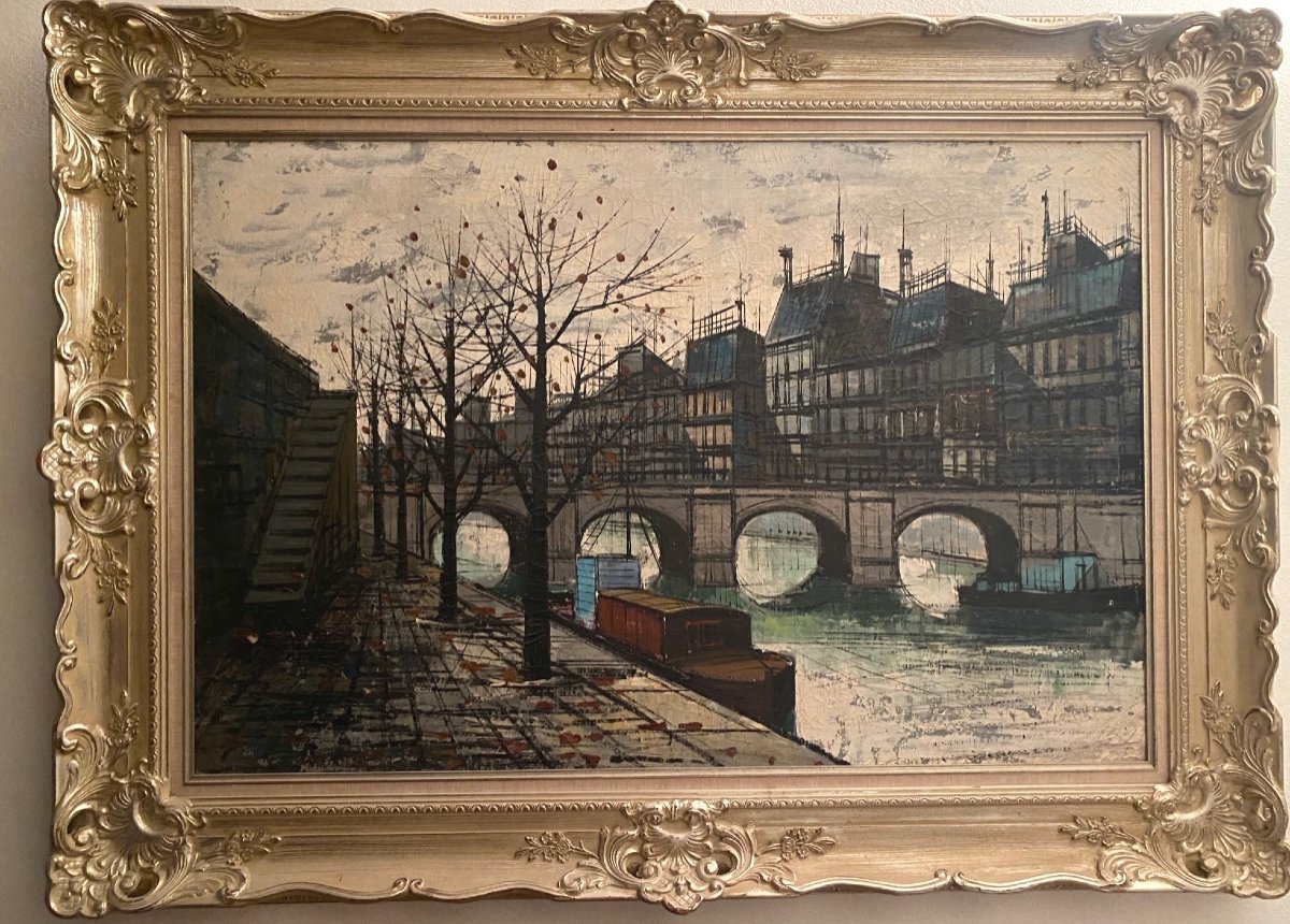   Grande   Peinture De l' Île  St  Louis  À Paris   attribué  à  Bernard   Buffet    Trace  De Signature-photo-1